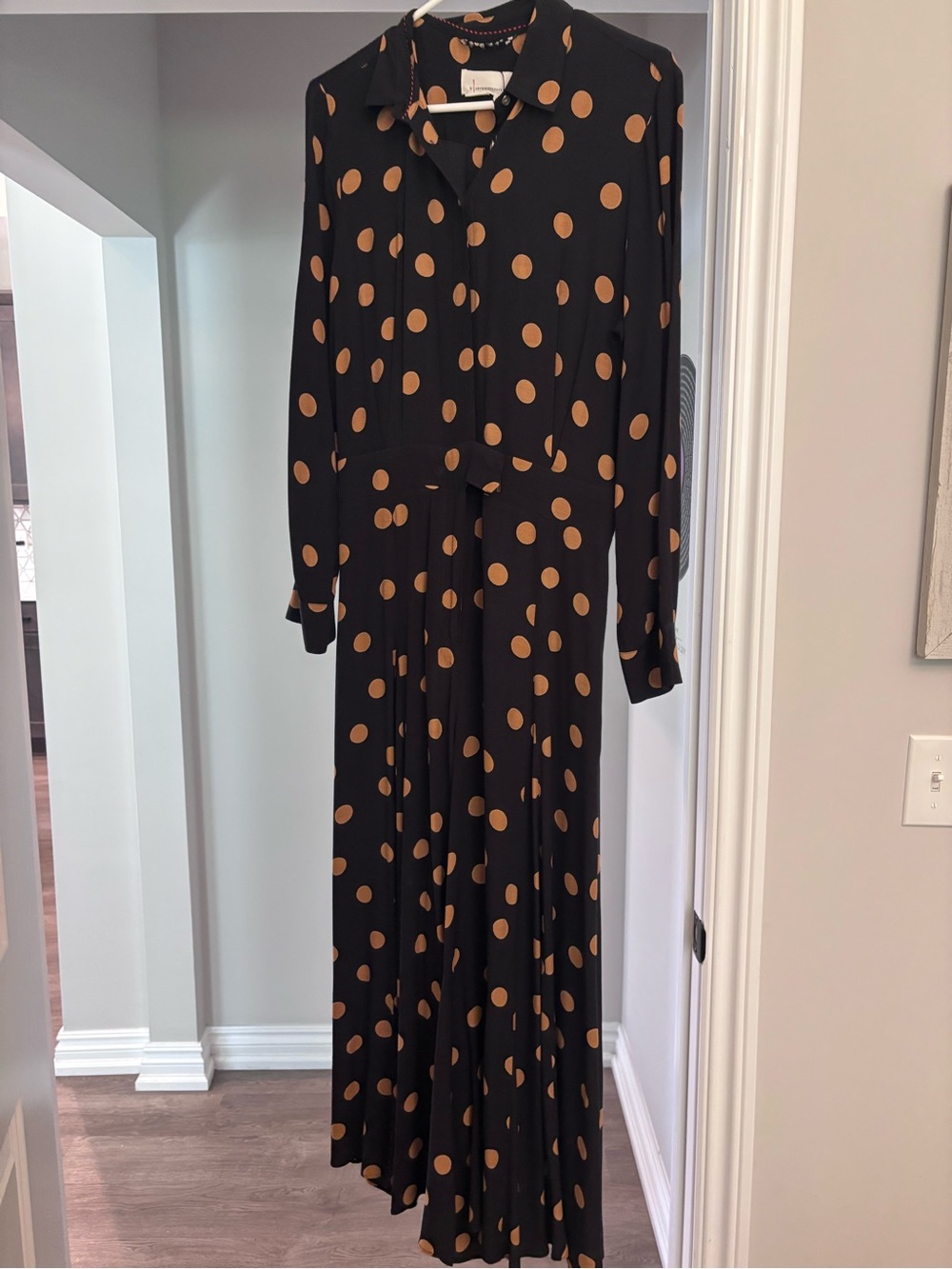 Anthropologie Black Jumpsuit with Tan Polka Dots - Picture 3 of 4
